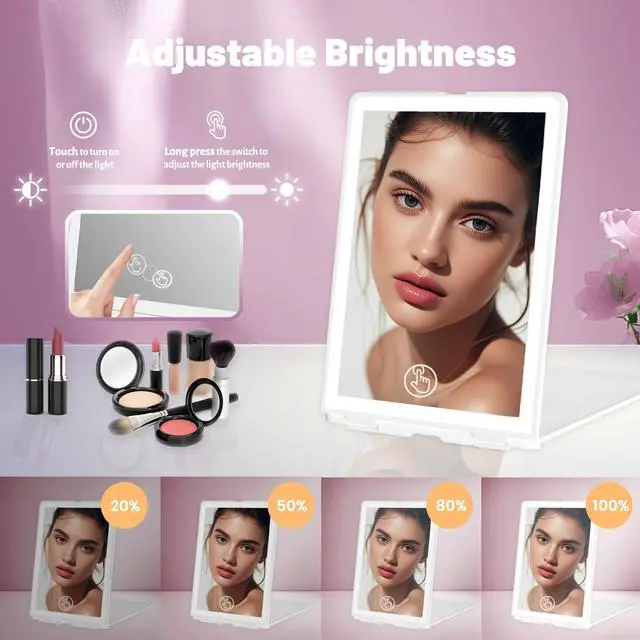 Alt view image 2 of 7 - Travel Makeup Mirror with Lights Valentines Day Gifts for Her, Girlfriend, Wife, Birthday Gifts, Rechargeable Portable Compact Mirror, Lighted Makeup Mirror with 72 LEDs 3 Color Light Modes