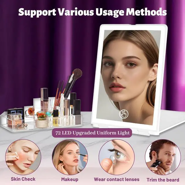 Alt view image 7 of 7 - Travel Makeup Mirror with Lights Valentines Day Gifts for Her, Girlfriend, Wife, Birthday Gifts, Rechargeable Portable Compact Mirror, Lighted Makeup Mirror with 72 LEDs 3 Color Light Modes