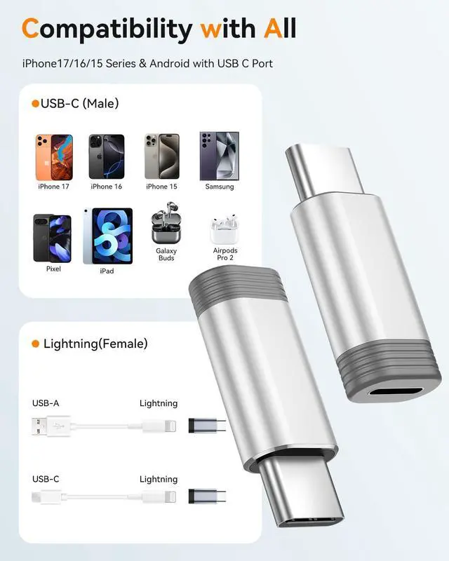Alt view image 2 of 7 - 4 Pack Lightning to USB C Adapter for iPhone 15/16/17 Pro/17 Pro Max,for iPhone 17/16 Charger,17/16 Accessories,Fast Charging & Data Transfer,USB C Charger Connector Cable,Not for OTG-Silver