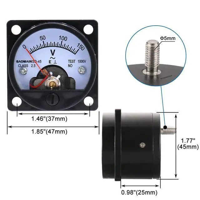 Alt view image 3 of 6 - Analog Dial Panel Meter Voltmeter Gauge SO-45 AC 0-150V Round Black