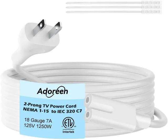 Main image of Non-Polarized Replacement TV Power Cord 10 Ft, 2-Prong 1-15P to IEC 320 C7 C8 AC Supply Cable for Samsung LG Sony Apple TV LCD LED Xbox, 18/2 AWG-ETL-White+Ties