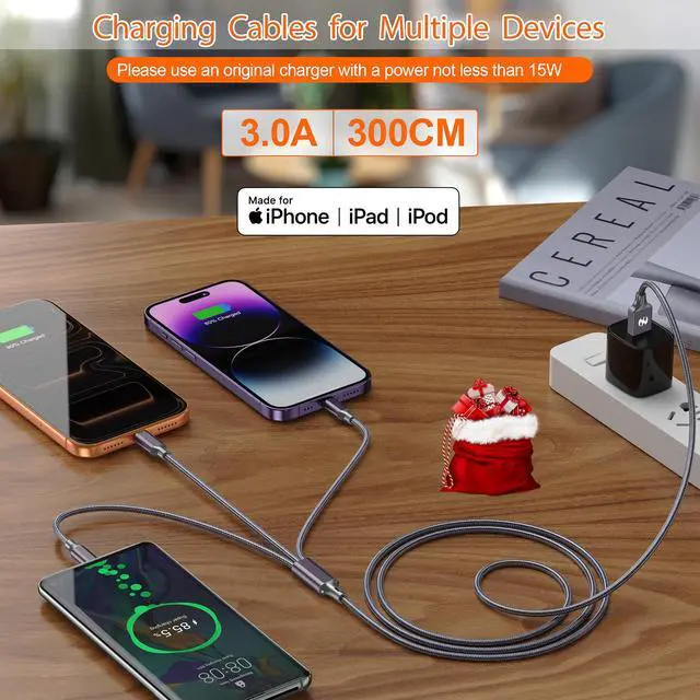 Alt view image 3 of 6 - Multi Charging Cable (10ft 2Pack),3 in 1 USB Charging Cable for Multiple Devices,Braided Universal Phone Charger Cord with Type-C/Usb C,Micro USB,IP Port Lightning for iPhone17-5/Android Phones
