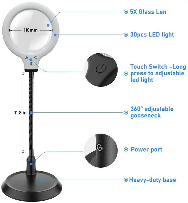 Alt view image 2 of 6 - Magnifying Glass with Light and Stand,5X Dimmable Magnifying Lamp,Hands Free Magnifier with Light for Reading,Hobbies,Crafts,Workbench,Close Work
