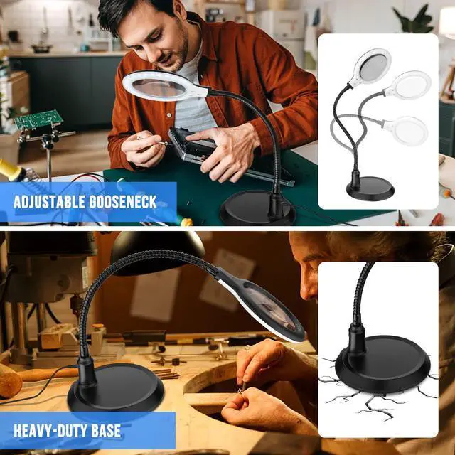 Alt view image 3 of 6 - Magnifying Glass with Light and Stand,5X Dimmable Magnifying Lamp,Hands Free Magnifier with Light for Reading,Hobbies,Crafts,Workbench,Close Work