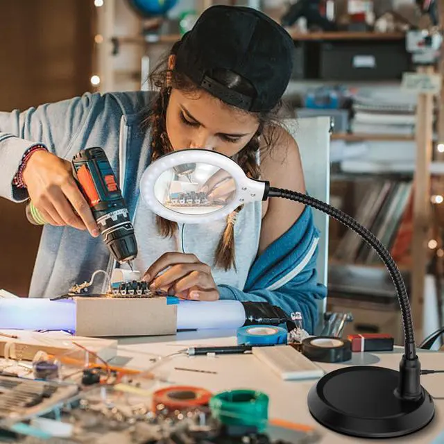 Alt view image 6 of 6 - Magnifying Glass with Light and Stand,5X Dimmable Magnifying Lamp,Hands Free Magnifier with Light for Reading,Hobbies,Crafts,Workbench,Close Work