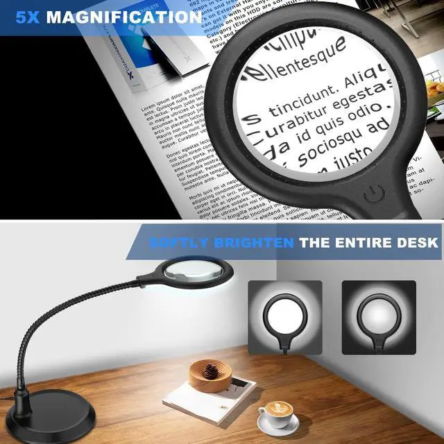 Alt view image 4 of 6 - Magnifying Glass with Light and Stand,5X Dimmable Magnifying Lamp,Hands Free Magnifier with Light for Reading,Hobbies,Crafts,Workbench,Close Work