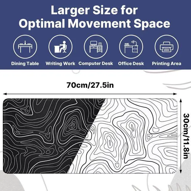 Alt view image 2 of 7 - Large Mouse Pad, Topographic Map Desk Mat, Non Slip Rubber Base & Stitched Edges Mousepad, Black and White Gaming Mousepad, Extended Desk Pad for Home Office Work(27.5x11.8 Inch)