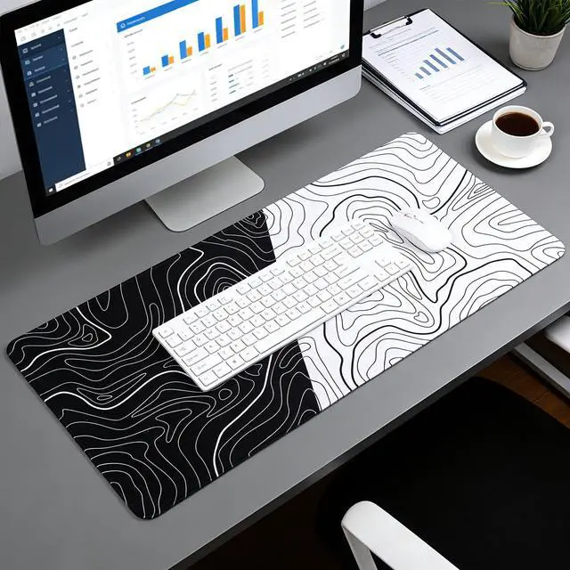 Alt view image 6 of 7 - Large Mouse Pad, Topographic Map Desk Mat, Non Slip Rubber Base & Stitched Edges Mousepad, Black and White Gaming Mousepad, Extended Desk Pad for Home Office Work(27.5x11.8 Inch)