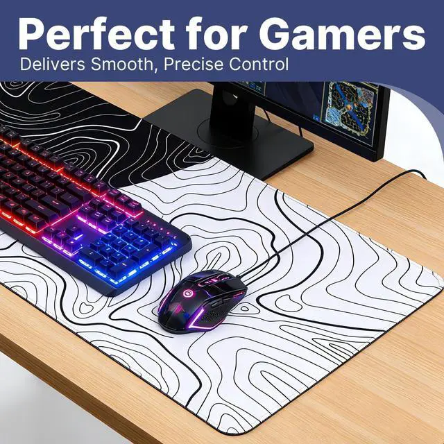 Alt view image 5 of 7 - Large Mouse Pad, Topographic Map Desk Mat, Non Slip Rubber Base & Stitched Edges Mousepad, Black and White Gaming Mousepad, Extended Desk Pad for Home Office Work(27.5x11.8 Inch)