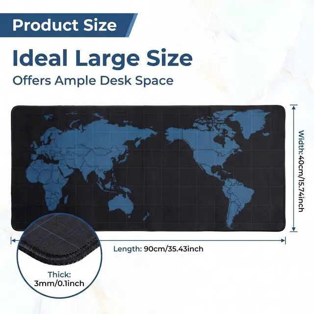 Alt view image 2 of 7 - Black World Mouse Pad, 35.4 x 15.7 Inch Large Desk Mat, Extended Mousepad Desks Mat, Non Slip Rubber Base & Stitched Edges Desk Pad, Waterproof Mousepad for Computer Office Home Use