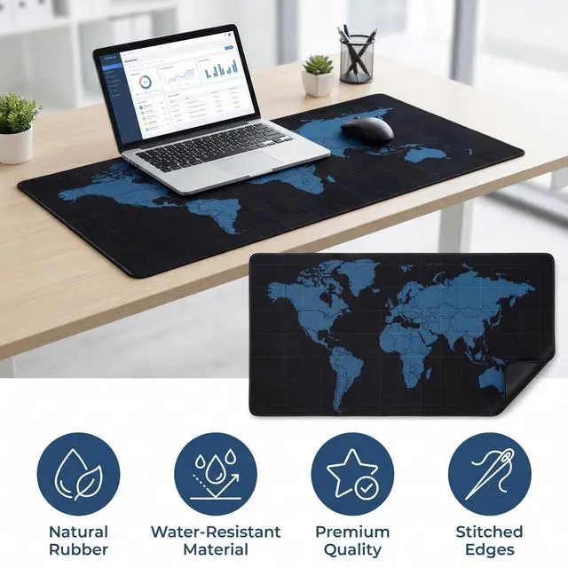 Alt view image 5 of 7 - Black World Mouse Pad, 35.4 x 15.7 Inch Large Desk Mat, Extended Mousepad Desks Mat, Non Slip Rubber Base & Stitched Edges Desk Pad, Waterproof Mousepad for Computer Office Home Use