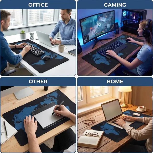 Alt view image 7 of 7 - Black World Mouse Pad, 35.4 x 15.7 Inch Large Desk Mat, Extended Mousepad Desks Mat, Non Slip Rubber Base & Stitched Edges Desk Pad, Waterproof Mousepad for Computer Office Home Use