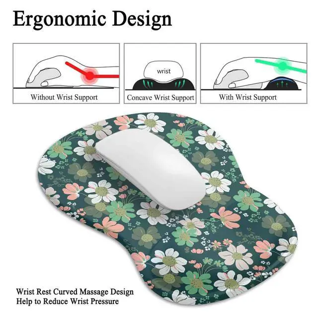 Alt view image 4 of 5 - Gel Mouse Pad with Wrist Rest, Ergonomic Concave Wrist Support Mousepad with Non-Slip PU Base & Smooth Surface Comfortable Desk Accessories Mat for Office, Home Gaming and Study (Flowers 01)