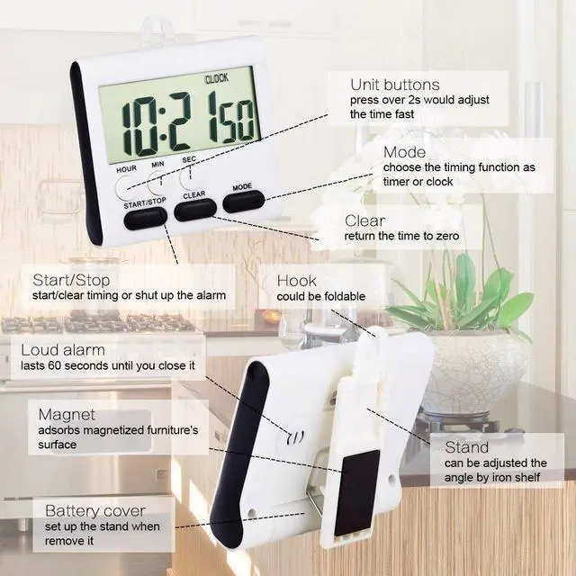 Alt view image 2 of 6 - 3 Pack Digital Kitchen Timer for Cooking, Big Digits, 24 Hour Magnetic Backing Stand Kitchen Timers Clock for Classroom Kids Teachers, Loud Alarm and Big Screen (Black and White)