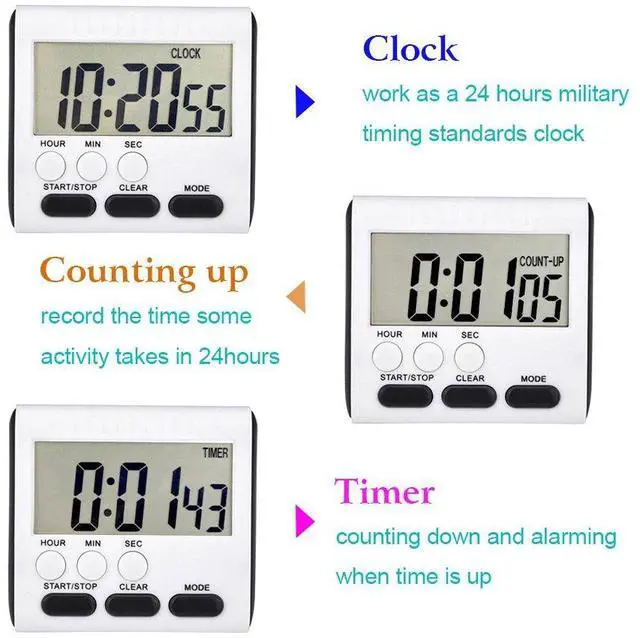 Alt view image 3 of 6 - 3 Pack Digital Kitchen Timer for Cooking, Big Digits, 24 Hour Magnetic Backing Stand Kitchen Timers Clock for Classroom Kids Teachers, Loud Alarm and Big Screen (Black and White)