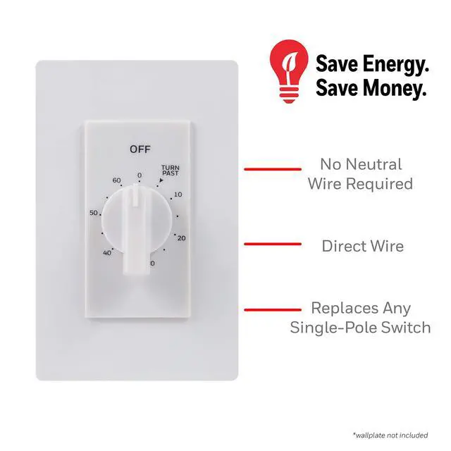 Alt view image 3 of 7 - 60-Minute In-Wall Spring Wound Countdown Timer Switch, Mechanical Timer for Lights, Bathroom & Exhaust Fans, No Neutral Wire Required, White, 41081