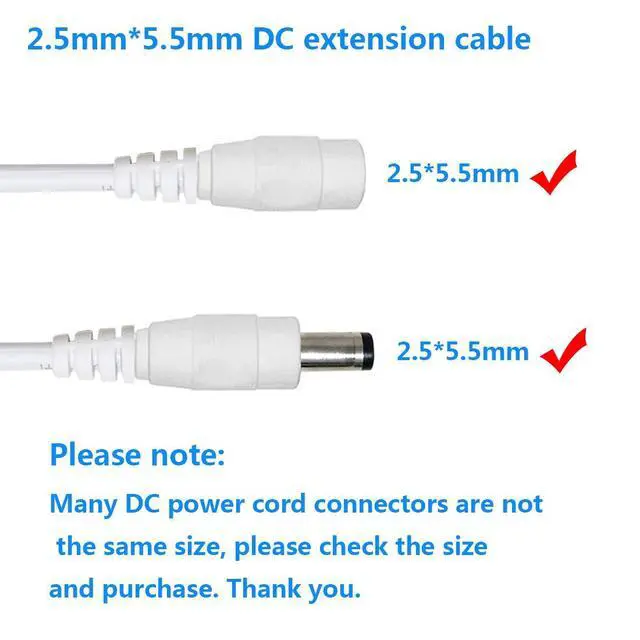 Alt view image 2 of 4 - DC Power Extension Cable 5.5 mm x 2.5 mm Male to Female Connector, DC Power Cord Extension Cable for Power Adapter, 12V CCTV Wireless IP Camera, Monitors, 10m/32.8Feet White
