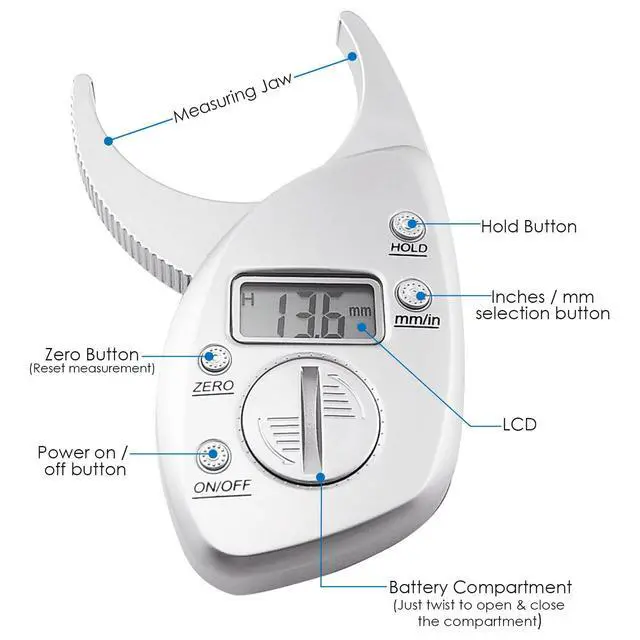 Alt view image 4 of 7 - Portable Skin Fat Caliper Tester mm inch LCD Screen Athletic Women/Men Body Tools Monitoring Kit Handheld Body Fat Caliper