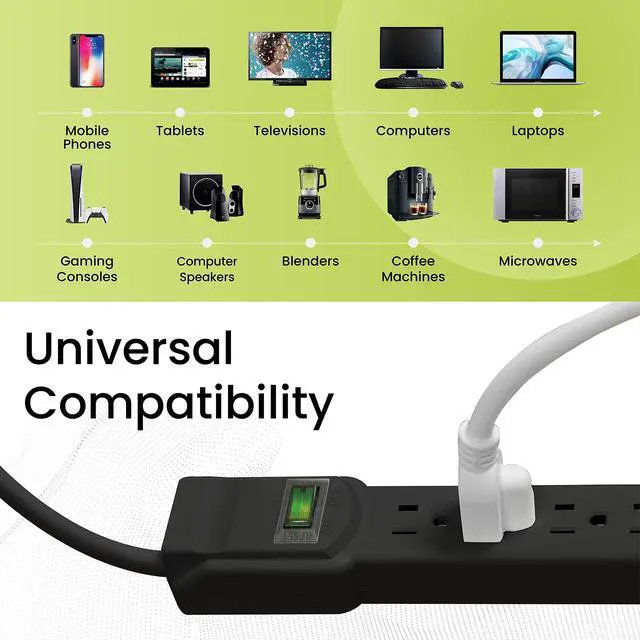 Alt view image 6 of 7 - Go Green Power Inc. 6 Outlet Surge Protector, Black, 6ft Cord - 250 Joules, Circuit Breaker, Mountable, Great for in-Home Use