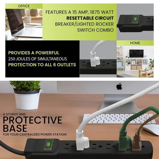 Alt view image 7 of 7 - Go Green Power Inc. 6 Outlet Surge Protector, Black, 6ft Cord - 250 Joules, Circuit Breaker, Mountable, Great for in-Home Use