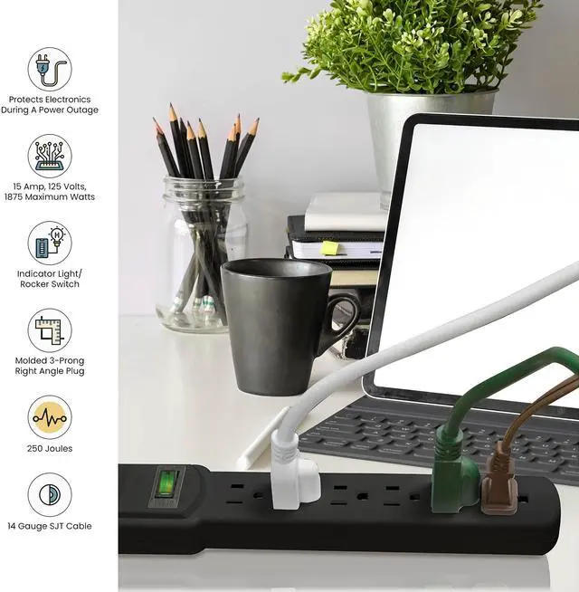Alt view image 5 of 7 - Go Green Power Inc. 6 Outlet Surge Protector, Black, 6ft Cord - 250 Joules, Circuit Breaker, Mountable, Great for in-Home Use