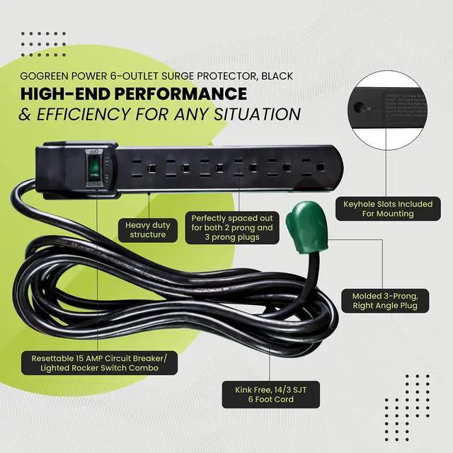 Alt view image 4 of 7 - Go Green Power Inc. 6 Outlet Surge Protector, Black, 6ft Cord - 250 Joules, Circuit Breaker, Mountable, Great for in-Home Use