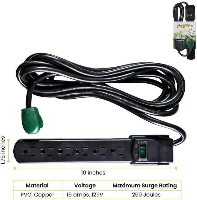 Alt view image 2 of 7 - Go Green Power Inc. 6 Outlet Surge Protector, Black, 6ft Cord - 250 Joules, Circuit Breaker, Mountable, Great for in-Home Use