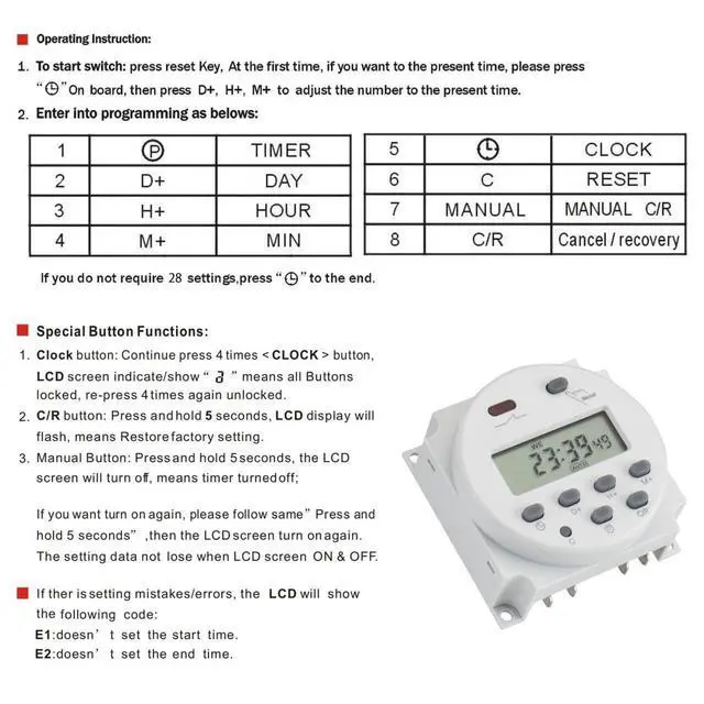 Alt view image 3 of 7 - Time Switch Relay,Digital LCD Programmable Timer,12V DC/AC Input,200-250V 16A Output,28 Programs Daily/Weekly Schedule,CN101A for Lighting and Equipment Control