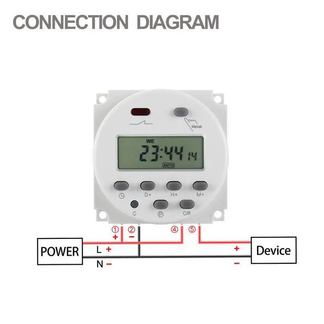 Alt view image 5 of 7 - Time Switch Relay,Digital LCD Programmable Timer,12V DC/AC Input,200-250V 16A Output,28 Programs Daily/Weekly Schedule,CN101A for Lighting and Equipment Control
