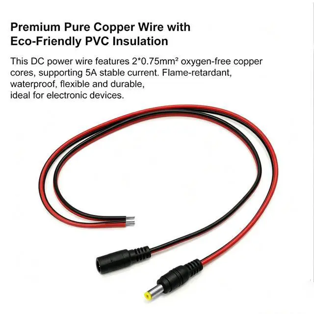 Alt view image 3 of 7 - 10 Pairs Real 18AWG DC Power Pigtail Cable 12V 5A, 5.5mm x 2.1mm Male Female Barrel Plug Connector, Pure Copper Pigtail Wire for CCTV Security Camera, LED Strip Lights and 12V Power Adapter