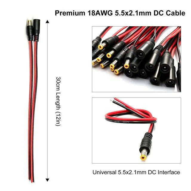 Alt view image 4 of 7 - 10 Pairs Real 18AWG DC Power Pigtail Cable 12V 5A, 5.5mm x 2.1mm Male Female Barrel Plug Connector, Pure Copper Pigtail Wire for CCTV Security Camera, LED Strip Lights and 12V Power Adapter