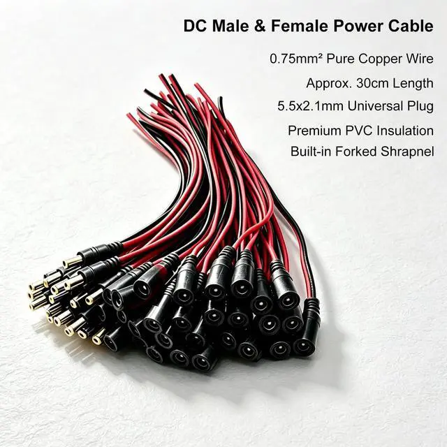 Alt view image 6 of 7 - 10 Pairs Real 18AWG DC Power Pigtail Cable 12V 5A, 5.5mm x 2.1mm Male Female Barrel Plug Connector, Pure Copper Pigtail Wire for CCTV Security Camera, LED Strip Lights and 12V Power Adapter