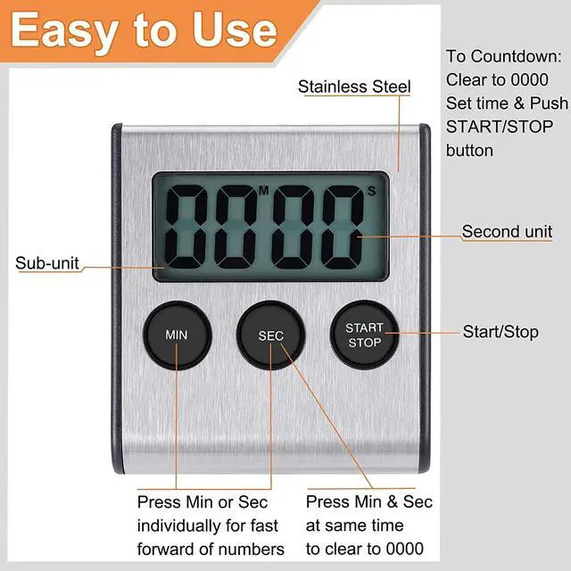 Alt view image 3 of 6 - Digital Kitchen Timer - Magnetic Countdown With Loud Alarm, Stainless Steel for Cooking, Baking, Sports Games