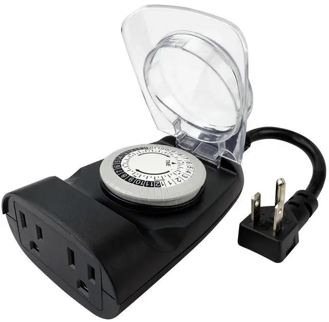 Main image of 24 Hour Mechanical Outdoor Timer Outlet, 6ft Outdoor Timer for Lights, Waterproof, 2 Grounded Outlets, 15A 1/2HP, Heavy Duty, ETL Listed
