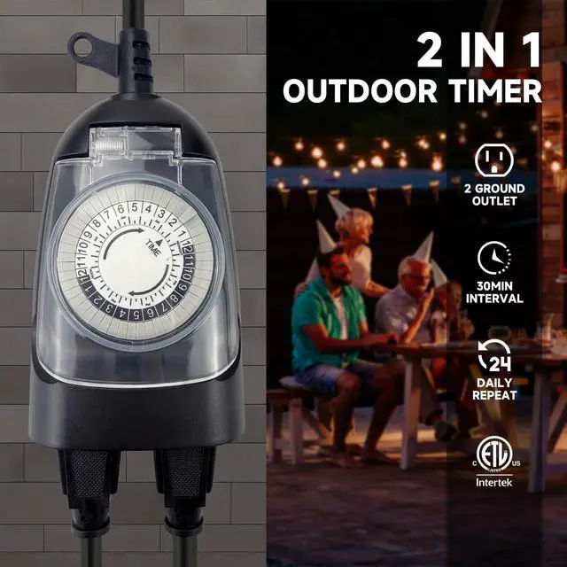 Alt view image 2 of 7 - 24 Hour Mechanical Outdoor Timer Outlet, 6ft Outdoor Timer for Lights, Waterproof, 2 Grounded Outlets, 15A 1/2HP, Heavy Duty, ETL Listed