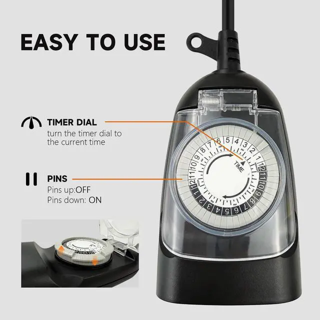 Alt view image 3 of 7 - 24 Hour Mechanical Outdoor Timer Outlet, 6ft Outdoor Timer for Lights, Waterproof, 2 Grounded Outlets, 15A 1/2HP, Heavy Duty, ETL Listed