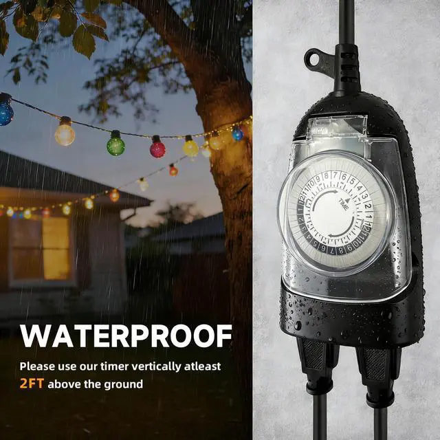 Alt view image 4 of 7 - 24 Hour Mechanical Outdoor Timer Outlet, 6ft Outdoor Timer for Lights, Waterproof, 2 Grounded Outlets, 15A 1/2HP, Heavy Duty, ETL Listed
