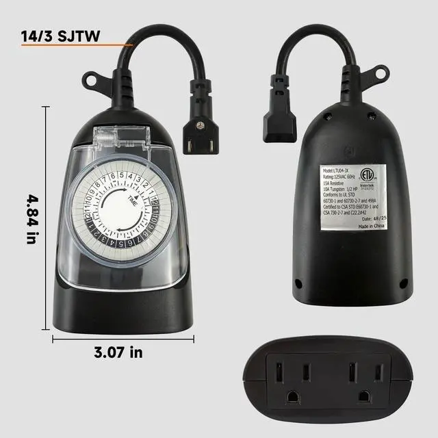 Alt view image 5 of 7 - 24 Hour Mechanical Outdoor Timer Outlet, 6ft Outdoor Timer for Lights, Waterproof, 2 Grounded Outlets, 15A 1/2HP, Heavy Duty, ETL Listed