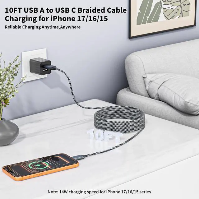 Alt view image 2 of 5 - 10FT USB to UAB C Cable,3Pack USB A to USB C 10FT Fast Charging Braided Cable for iPhone 17/16/15,Car Carplay Cable Upgraded Extra Durable USB to USB C Cord for iPhone 17 16 15,Galaxy S26/S25 and more