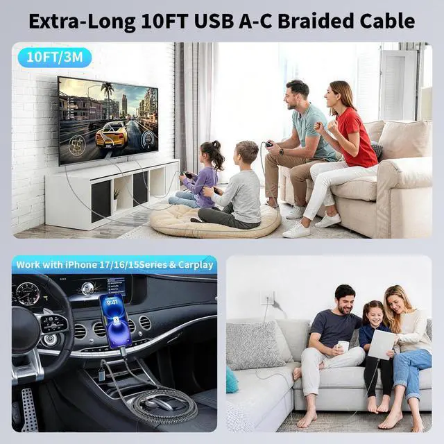 Alt view image 5 of 5 - 10FT USB to UAB C Cable,3Pack USB A to USB C 10FT Fast Charging Braided Cable for iPhone 17/16/15,Car Carplay Cable Upgraded Extra Durable USB to USB C Cord for iPhone 17 16 15,Galaxy S26/S25 and more