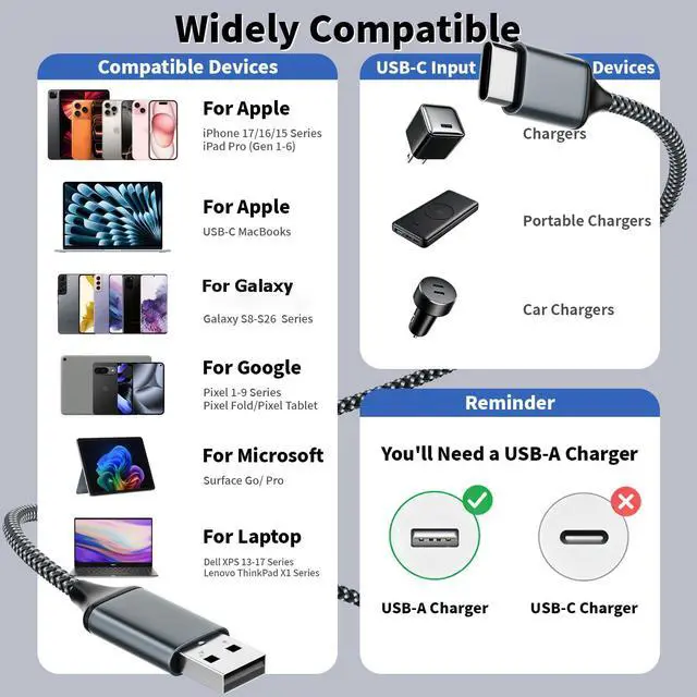 Alt view image 4 of 5 - 10FT USB to UAB C Cable,3Pack USB A to USB C 10FT Fast Charging Braided Cable for iPhone 17/16/15,Car Carplay Cable Upgraded Extra Durable USB to USB C Cord for iPhone 17 16 15,Galaxy S26/S25 and more