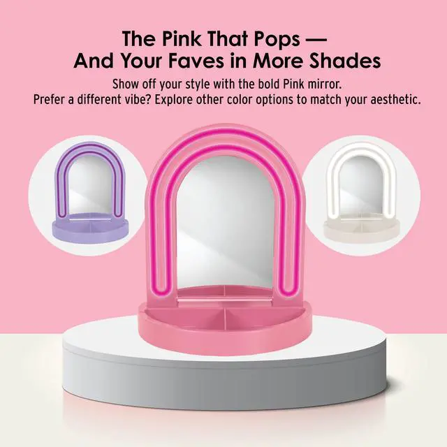Alt view image 6 of 7 - LED Vanity Mirror with Tray, for Desk, Dressing Table, Light Up Mirror for Makeup, Dorm Desk Vanity Mirror with Lights, Pink