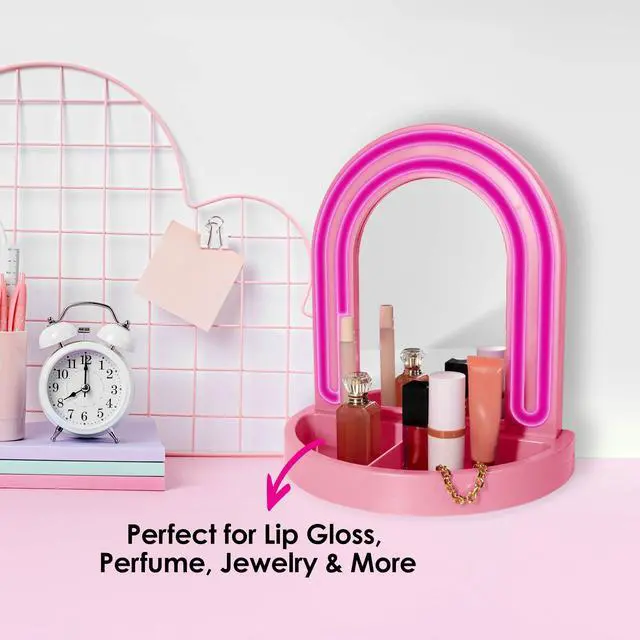 Alt view image 2 of 7 - LED Vanity Mirror with Tray, for Desk, Dressing Table, Light Up Mirror for Makeup, Dorm Desk Vanity Mirror with Lights, Pink