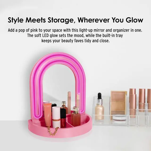 Alt view image 3 of 7 - LED Vanity Mirror with Tray, for Desk, Dressing Table, Light Up Mirror for Makeup, Dorm Desk Vanity Mirror with Lights, Pink
