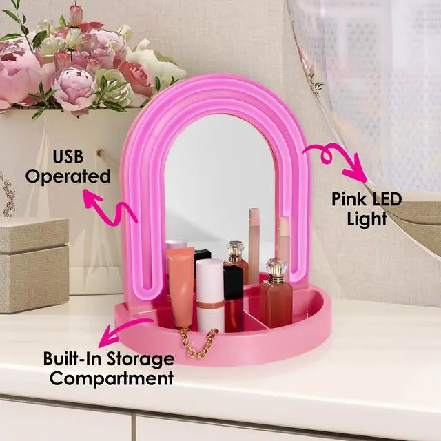 Alt view image 4 of 7 - LED Vanity Mirror with Tray, for Desk, Dressing Table, Light Up Mirror for Makeup, Dorm Desk Vanity Mirror with Lights, Pink