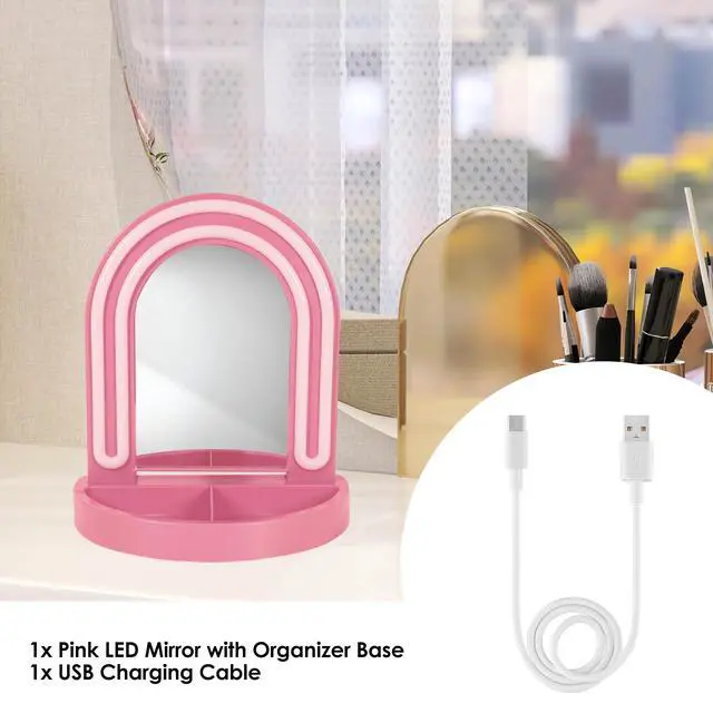 Alt view image 7 of 7 - LED Vanity Mirror with Tray, for Desk, Dressing Table, Light Up Mirror for Makeup, Dorm Desk Vanity Mirror with Lights, Pink