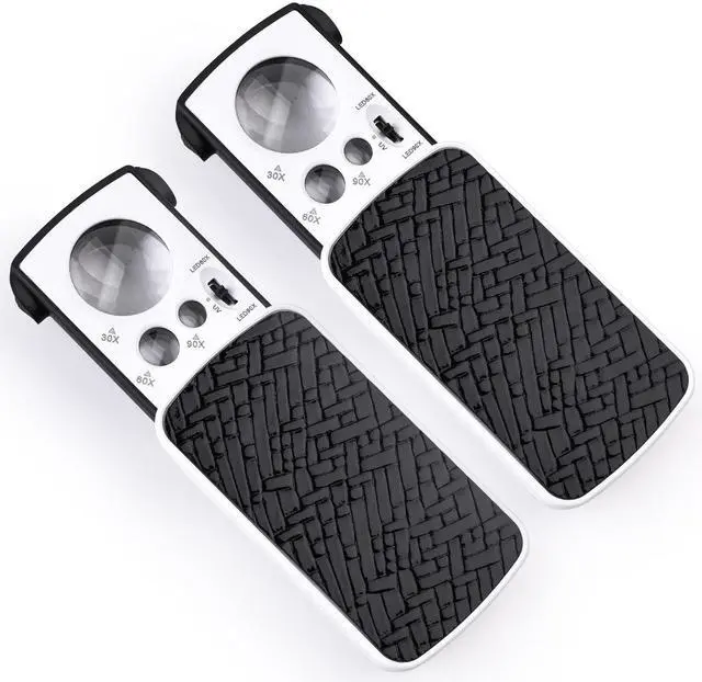 Main image of 2 Pieces 30X 60X 90X Jewelers Loupe, Slide-Out Lighted Eye Loupe Magnifying Glass with 3 Light for Coins Gems Jewelry Rocks Watches (Black)