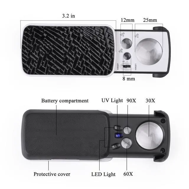 Alt view image 2 of 7 - 2 Pieces 30X 60X 90X Jewelers Loupe, Slide-Out Lighted Eye Loupe Magnifying Glass with 3 Light for Coins Gems Jewelry Rocks Watches (Black)