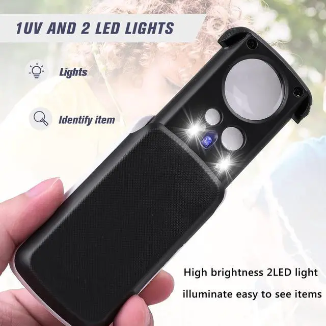 Alt view image 3 of 7 - 2 Pieces 30X 60X 90X Jewelers Loupe, Slide-Out Lighted Eye Loupe Magnifying Glass with 3 Light for Coins Gems Jewelry Rocks Watches (Black)