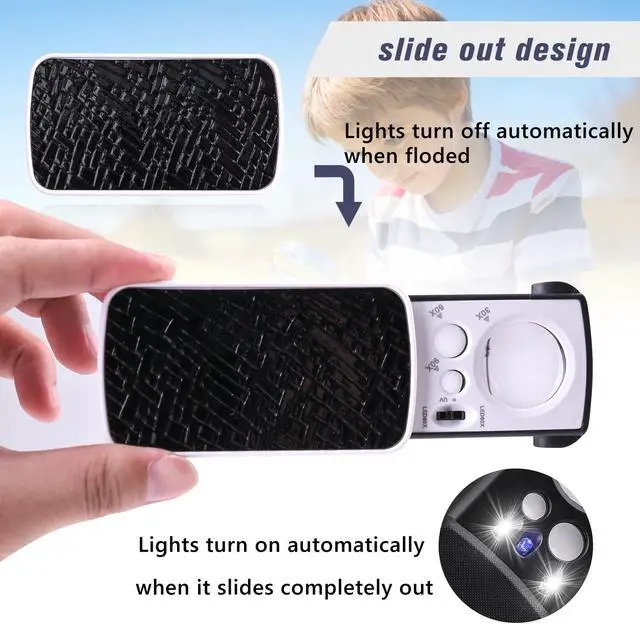 Alt view image 5 of 7 - 2 Pieces 30X 60X 90X Jewelers Loupe, Slide-Out Lighted Eye Loupe Magnifying Glass with 3 Light for Coins Gems Jewelry Rocks Watches (Black)